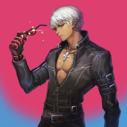 Rule 34 | 1boy, absurdres, cross, dark-skinned male, dark skin, unworn eyewear, gloves, highres, holding, holding removed eyewear, hyeona, jacket, jewelry, k&#039; (kof), male focus, necklace, pectorals, short hair, solo, sunglasses, the king of fighters, the king of fighters xiv, unzipped, white hair