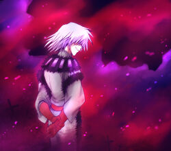 Rule 34 | 1boy, akai senhon, arms behind back, coat, cowboy shot, cross, fog, from behind, fur trim, gloves, hair over eyes, holding own arm, light particles, looking back, medium hair, red background, red gloves, red theme, smile, white coat, white hair, wolfram (wolfsmund), wolfsmund