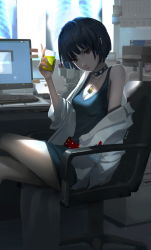 Rule 34 | 10s, 1girl, belt, black hair, breasts, brown eyes, cleavage, computer, crossed legs, desk, dress, drink, head tilt, highres, lab coat, looking at viewer, nail polish, off shoulder, persona, persona 5, short dress, short hair, sitting, small breasts, solo, studded belt, takemi tae, thighs, vafar7