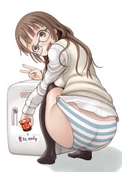 Rule 34 | 1girl, ass, black thighhighs, brown eyes, brown hair, character request, food, glasses, hair ornament, hairclip, long hair, neyuki rei, open mouth, panties, pudding, refrigerator, simple background, smile, solo, squatting, striped clothes, striped panties, sweater vest, thighhighs, underwear, v