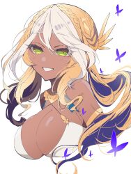 Rule 34 | 1girl, andromeda (fate), andromeda (first ascension) (fate), armband, breasts, brown hair, bug, butterfly, choker, dark-skinned female, dark skin, fate/grand order, fate (series), gold choker, green eyes, hair ornament, highres, i10 ksw, insect, large breasts, light brown hair, long hair, multicolored hair, parted lips, purple butterfly, simple background, smile, solo, two-tone hair, white background, white hair, yellow armband