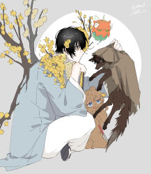Rule 34 | 1boy, animal, animalization, bear, bird, blue eyes, branch, brown cape, cape, chick, closed mouth, coat, e.g.o (project moon), fairy wings, flower, fox, grey coat, hair flower, hair ornament, heathcliff (project moon), highres, holding, holding animal, hood, hood up, hooded cape, ishmael (project moon), limbus company, long sleeves, looking to the side, male focus, octopus, open mouth, project moon, rodion (project moon), satome setsuko, sinclair (project moon), sitting, smile, umbrella octopus, wide sleeves, wings, yellow flower, yi sang (project moon)