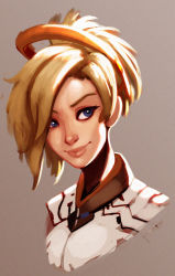 Rule 34 | 1girl, blonde hair, blue eyes, brown background, closed mouth, collar, hairband, head tilt, highres, lips, looking at viewer, mercy (overwatch), overwatch, overwatch 1, ponytail, raichiyo33, shirt, short hair, shoulder pads, simple background, sketch, solo, swept bangs, upper body, white shirt