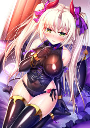 Rule 34 | 1girl, bare shoulders, blush, bow, bracelet, covered navel, demon girl, demon horns, demon tail, elbow gloves, gloves, green eyes, hair bow, hand up, heart, horns, iro ame (amewaagada), jewelry, kagamigawa kuroe, leotard, long hair, looking at viewer, memories off, on bed, shiny clothes, shiny skin, sidelocks, silver hair, solo, tail, thighhighs, thighs, very long hair