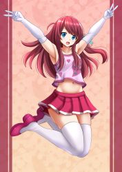 Rule 34 | 10s, 1girl, :d, arms up, blue eyes, blush, breasts, camisole, commentary, double v, elbow gloves, full body, gloves, head tilt, heart, highres, kazenokaze, long hair, midriff, midriff peek, minamoto sakura, navel, one side up, open mouth, outstretched arms, pink camisole, pleated skirt, red footwear, red hair, red skirt, shoes, skirt, small breasts, smile, solo, thighhighs, toned female, v, very long hair, white gloves, white thighhighs, zombie land saga