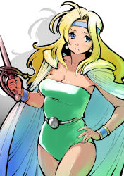 Rule 34 | 1990s (style), 1girl, ahoge, belt, blonde hair, blue eyes, cape, celes chere, final fantasy, final fantasy vi, frown, hand on own hip, headband, high belt, highres, holding, holding sword, holding weapon, leotard, long hair, retro artstyle, single hair intake, solo, sword, twinpoo, weapon