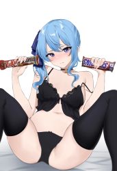 Rule 34 | 1girl, absurdres, bare shoulders, black bra, black panties, blue bow, blue eyes, blue hair, blush, bow, bra, candy, candy bar, choker, closed mouth, feint721, food, hair bow, hands up, highres, holding, holding candy, holding food, hololive, hoshimachi suisei, kitkat, lace, lace-trimmed bra, lace trim, lingerie, looking at viewer, m legs, navel, panties, side ponytail, sitting, snickers (brand), solo, star (symbol), star choker, star in eye, strap slip, symbol in eye, thighhighs, thighs, underwear, virtual youtuber, wrapped candy