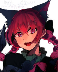 Rule 34 | 1girl, animal ear fluff, animal ears, black bow, black dress, bow, bowtie, braid, cat ears, cat tail, commentary, dress, extra ears, hair between eyes, hair bow, kaenbyou rin, long hair, looking at viewer, multiple tails, nekomata, open mouth, portrait, red bow, red bowtie, red eyes, red hair, slit pupils, solo, tail, teeth, tongue, touhou, twin braids, two tails, tyatya (tyatya333), upper teeth only