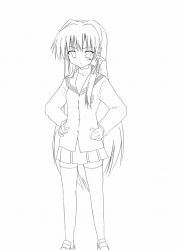 Rule 34 | 00s, 1girl, akane souichi, blazer, clannad, fujibayashi kyou, greyscale, hands on own hips, jacket, loafers, long sleeves, looking at viewer, miniskirt, monochrome, shoes, simple background, skirt, solo, standing, white background