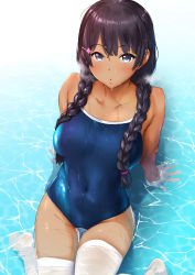 Rule 34 | 1girl, absurdres, arm support, arms behind back, black hair, blue one-piece swimsuit, blush, braid, breasts, collarbone, covered navel, dark-skinned female, dark skin, from above, hair ornament, hairclip, highres, large breasts, long hair, looking at viewer, looking up, nijisanji, one-piece swimsuit, open mouth, partially submerged, pija (pianiishimo), purple eyes, school swimsuit, sitting, solo, swimsuit, tan, thighhighs, tsukino mito, twin braids, virtual youtuber, wariza, water, wet, white thighhighs