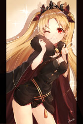Rule 34 | 1girl, absurdres, between breasts, black cape, black dress, black leotard, blonde hair, blush, breasts, cape, cleavage, dress, earrings, ereshkigal (fate), fate/grand order, fate (series), fur-trimmed cape, fur trim, glint, grin, hair ribbon, highres, infinity symbol, jewelry, leotard, long hair, looking at viewer, medium breasts, multicolored cape, multicolored clothes, one eye closed, otoufu (gotouhu), red cape, red eyes, red ribbon, ribbon, signature, skull, smile, solo, sparkle, spine, tiara, two side up, very long hair