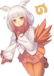 Rule 34 | 10s, 1girl, :d, ^^^, bird tail, blunt bangs, blush, brown eyes, brown footwear, collar, dot nose, drawstring, dutch angle, frilled sleeves, frills, fur collar, gloves, gradient hair, hand on own chest, head wings, japanese crested ibis (kemono friends), japari symbol, kame^^, kemono friends, leg lift, loafers, long sleeves, looking at viewer, multicolored hair, music, nose blush, open mouth, outstretched arm, pantyhose, pleated skirt, red gloves, red hair, red pantyhose, red skirt, shirt, shoes, short hair, short hair with long locks, sidelocks, simple background, singing, skirt, smile, solo, tail, tsurime, two-tone hair, white background, white hair, white shirt, wide sleeves, wings