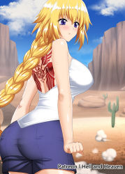 Rule 34 | 1girl, :t, back, back tattoo, bare shoulders, blonde hair, blue eyes, blue shorts, blue sky, blush, braid, breasts, cactus, clenched hands, cloud, fate/apocrypha, fate/grand order, fate (series), hellandheaven, highres, hitchhiking, jeanne d&#039;arc (fate), jeanne d&#039;arc (girl from orleans) (fate), jeanne d&#039;arc (ruler) (fate), large breasts, long braid, outdoors, pout, shirt, shorts, sidelocks, single braid, sky, sleeveless, sleeveless shirt, standing, tattoo, white shirt