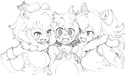 Rule 34 | &gt;:d, 10s, 3girls, :d, @ @, animal ears, antlers, blush, bucket hat, fang, fur collar, girl sandwich, greyscale, hair between eyes, hat, hat feather, horns, kaban (kemono friends), kemono friends, lion (kemono friends), lion ears, long hair, monochrome, moose (kemono friends), moose ears, multiple girls, open mouth, sandwiched, shirt, short hair, smile, v-shaped eyebrows, wavy mouth, yuri