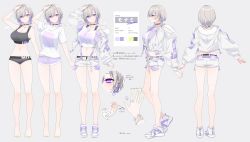 Rule 34 | 1girl, arm up, bare arms, bare legs, bare shoulders, barefoot, black choker, black panties, breasts, character sheet, choker, colored inner hair, crop top, exposed pocket, from behind, grey hair, highres, jacket, large breasts, long sleeves, looking at viewer, midriff, multicolored hair, multiple views, navel, neko-san (dim.dream), off shoulder, open clothes, open fly, open jacket, original, panties, profile, purple eyes, shirt, shoes, short hair, short shorts, shorts, smile, sneakers, sports bra, stomach, suspenders, thighs, underwear, white footwear, white jacket, white shirt, white shorts