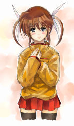 Rule 34 | 00s, 1girl, black thighhighs, blush, cropped legs, long sleeves, looking at viewer, lyrical nanoha, mahou shoujo lyrical nanoha, miniskirt, orange shirt, own hands together, pleated skirt, raid slash, red skirt, shirt, simple background, skirt, smile, solo, standing, sweater, takamachi nanoha, thighhighs, turtleneck, twintails, white background
