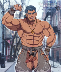 Rule 34 | 1boy, abs, absurdres, anchor necklace, bara, beard, biceps, blue eyes, blue hair, blurry, blurry background, character request, clothing cutout, cowboy shot, crotchless, crotchless pants, erection, facial hair, flexing, foreskin, grey pants, hand on own hip, highres, jewelry, large pectorals, long sideburns, male focus, medium hair, muscular, muscular male, navel, necklace, nipples, pants, pectorals, penis, photo background, ryans, scar, scar across eye, scar on face, shoukan yuusha to f-kei kareshi, sideburns, solo, stubble, thick eyebrows, thick thighs, thigh cutout, thighs, tokyo houkago summoners, topless male, uncensored, veins, veiny penis, watermark, web address