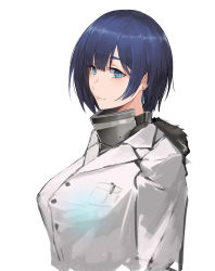 Rule 34 | 1girl, armored collar, blue eyes, blue hair, breasts, closed mouth, coat, commentary, commentary request, earrings, hair between eyes, highres, jewelry, large breasts, neisa (pandea work), original, pandea work, pink lips, short hair, smile, solo, white background, white coat