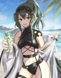 Rule 34 | 1girl, :d, antenna hair, arknights, bare shoulders, bikini, black bikini, blue sky, cloud, coat, cowboy shot, day, gavial (arknights), green hair, hair between eyes, highres, long hair, looking at viewer, navel, ocean, off shoulder, official alternate costume, open clothes, open coat, open mouth, pointy ears, ponytail, shironekoban, sidelocks, sky, smile, solo, standing, stomach, swimsuit, visor cap, water, white coat, yellow eyes
