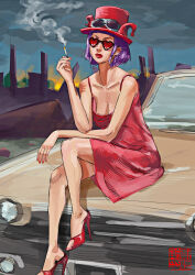 Rule 34 | 1girl, absurdres, aliasartworks, belo betty, breasts, car, cigarette, city, cleavage, commentary, english commentary, goggles, goggles on headwear, hat, heart, heart-shaped eyewear, high heels, highres, medium breasts, motor vehicle, one piece, purple hair, red footwear, red lips, red nails, short hair, sitting on car, smoke, solo, sunglasses