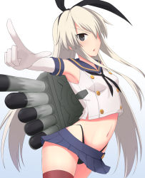 Rule 34 | 1girl, akahi242, armpits, black hairband, black panties, blonde hair, breasts, crop top, elbow gloves, firing, from side, gloves, grey eyes, hair over one eye, hairband, highleg, highleg panties, index finger raised, kantai collection, long hair, looking at viewer, miniskirt, navel, panties, school uniform, serafuku, shimakaze (kancolle), simple background, skirt, small breasts, solo, striped clothes, striped thighhighs, thighhighs, thighs, torpedo, underwear, white background, white gloves