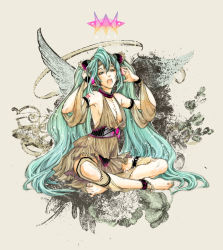 Rule 34 | 1girl, anklet, aqua eyes, aqua hair, arms up, bad anatomy, bad feet, barefoot, breasts, cleavage, detached sleeves, feet, hatsune miku, highres, indian style, jewelry, kanamori, long hair, open mouth, sideboob, sitting, solo, toga, twintails, very long hair, vocaloid, wings