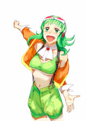 Rule 34 | 1girl, breasts, goggles, goggles on head, green eyes, green hair, gumi, gumi (v3 megpoid), highres, jacket, matching hair/eyes, official art, shorts, simple background, smile, solo, suspenders, underboob, vocaloid, yuuki masami