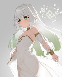 Rule 34 | 1girl, alternate costume, alternate hairstyle, armpits, bare shoulders, breasts, bright pupils, cleavage, clothes lift, collarbone, commentary request, cosplay, cross-shaped pupils, detached sleeves, dress, dress lift, genshin impact, gradient hair, green eyes, green hair, hair between eyes, hair down, highres, jewelry, lifting own clothes, long hair, long sleeves, looking afar, mockingeu, multicolored hair, nahida (genshin impact), neck ring, pointy ears, rukkhadevata (genshin impact), rukkhadevata (genshin impact) (cosplay), see-through silhouette, sidelocks, small breasts, solo, strapless, strapless dress, streaked hair, symbol-shaped pupils, two-tone hair, white dress, white hair