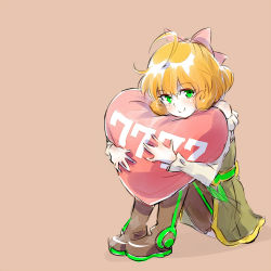 Rule 34 | 1girl, ahoge, boots, bow, freckles, full body, green eyes, hair bow, heart, heart-shaped pillow, iesupa, hugging object, orange hair, penny polendina, pillow, pillow hug, rwby, sitting, smile, solo, thigh boots, thighhighs