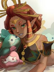 Rule 34 | 1girl, blue lips, circlet, crop top, dark-skinned female, dark skin, gerudo, green eyes, highres, jewelry, lipstick, lying, makeup, medium hair, mia ru1228, neck ring, nintendo, on stomach, parted lips, pointy ears, red hair, riju, smile, stuffed toy, the legend of zelda, the legend of zelda: tears of the kingdom, thick eyebrows, white background