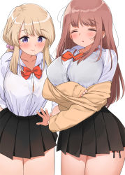 Rule 34 | 2girls, :&gt;, :o, arm behind back, black skirt, blonde hair, blush, bow, bowtie, bra visible through clothes, breasts, brown hair, button gap, closed eyes, collar, hair bobbles, hair ornament, kaisen chuui, large breasts, long hair, long sleeves, miniskirt, multiple girls, original, panties, parted lips, pleated skirt, red bow, red neckwear, shirt, side-tie panties, side-tie peek, sidelocks, simple background, skirt, underwear, undressing, very long hair, white background, white shirt, wing collar