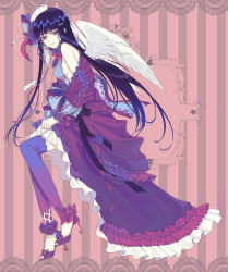 Rule 34 | 1girl, blue hair, dress, enk, hat, high heels, highres, hime cut, open shoes, purple eyes, purple thighhighs, shoes, solo, striped, striped background, thighhighs, white wings, wings