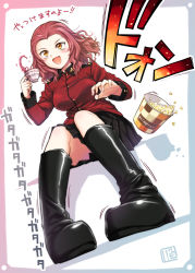 Rule 34 | 10s, 1girl, artist name, black footwear, black skirt, boots, brown eyes, cup, dutch angle, epaulettes, food, foreshortening, full body, girls und panzer, holding, jacket, long sleeves, military, military uniform, miniskirt, open mouth, parted bangs, pleated skirt, popcorn, red hair, red jacket, rosehip (girls und panzer), short hair, signature, sitting, skirt, smile, solo, spilling, st. gloriana&#039;s military uniform, tea, teacup, translated, uniform, yakusa