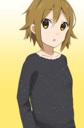Rule 34 | 1girl, brown eyes, brown hair, k-on!, long sleeves, open mouth, shizupu, short hair, simple background, solo, sweater, tainaka ritsu