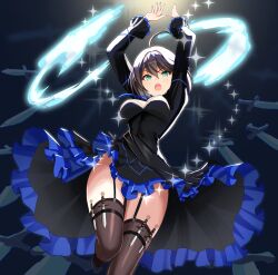 Rule 34 | 1girl, ahoge, arm up, attack, black dress, black garter straps, black hair, breasts, commentary, counter:side, dagger, dark background, dress, elizabeth pendragon, floating, floating clothes, floating object, floating weapon, frilled dress, frills, garter straps, green eyes, hair between eyes, highres, holster, knife, leg up, long sleeves, medium breasts, medium hair, open mouth, osunahanko, solo, sparkle, teeth, thigh holster, thigh strap, thighhighs, thighs, transparent weapon, upper teeth only, v-shaped eyebrows, weapon