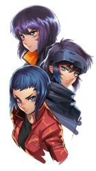 Rule 34 | 3girls, black hair, blue eyes, blue hair, blush, closed mouth, ghost in the shell, ghost in the shell: sac 2045, ghost in the shell arise, grey eyes, highres, ikegami noroshi, jacket, kusanagi motoko, looking at viewer, looking away, messy hair, multicolored hair, multiple girls, parted lips, red jacket, short hair, smile, two-tone hair