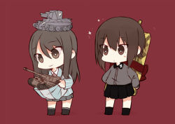 Rule 34 | 10s, 2girls, arms behind back, black footwear, black legwear, black skirt, blue footwear, blue hat, blue shirt, brown eyes, brown hair, bt-42, chibi, dress shirt, eyes visible through hair, fud, gift, girls und panzer, grey legwear, grey shirt, grey skirt, hat, holding, holding clothes, holding gift, holding hat, keizoku school uniform, long hair, long sleeves, looking at another, maus (tank), mika (girls und panzer), military, military vehicle, miniskirt, model tank, motor vehicle, multiple girls, nishizumi maho, object on head, pleated skirt, red background, school uniform, shirt, shoes, short hair, simple background, skirt, socks, sparkle, standing, striped clothes, striped shirt, tank, tiger i, unworn hat, unworn headwear, vertical-striped clothes, vertical-striped shirt, white shirt