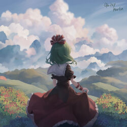 Rule 34 | 1girl, absurdres, blue sky, commentary request, dress, flower, from behind, green hair, guilty merlin, hair ribbon, highres, kagiyama hina, mixed-language commentary, mountain, outdoors, red dress, red ribbon, ribbon, short hair, short sleeves, signature, sky, solo, touhou