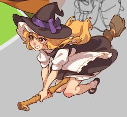 Rule 34 | 1girl, apron, black dress, blonde hair, bow, broom, broom riding, dress, floating hair, flying, grin, hair bow, hat, holding, holding broom, kirisame marisa, long hair, mary janes, pinafore dress, purple bow, shoes, short sleeves, sleeveless, sleeveless dress, smile, socks, soemy, solo, touhou, white socks, wind, wind lift, witch hat, yellow eyes