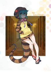 Rule 34 | 10s, 1girl, aqua hair, blush, character name, commentary request, full body, geta, hands in pockets, highres, hood, hoodie, kemono friends, long sleeves, ribbon, short hair, snake tail, solo, striped clothes, striped hoodie, striped tail, tail, tengu-geta, tsuchinoko (kemono friends), umigarasu (kitsune1963)