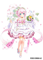 Rule 34 | 1girl, ahoge, bare legs, bird, blue eyes, bouquet, bow, bride, closed mouth, collarbone, detached sleeves, dress, dress bow, flat chest, flower, flower knight girl, full body, hair flower, hair ornament, head wreath, holding, holding bouquet, kurot, layered dress, looking at viewer, name connection, object namesake, official art, petals, pink bow, pink hair, raised eyebrows, ringo (flower knight girl), shoes, short hair, simple background, smile, solo, thighlet, wedding dress, white background, white bird, white dress, white footwear, white sleeves