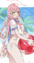 Rule 34 | 1girl, bag, ball, bikini, bikini bottom only, blue archive, blush, bottle, braid, commentary, english commentary, flower, green eyes, halo, hanako (blue archive), highres, holding, holding ball, long hair, looking at viewer, mixed-language commentary, open mouth, palm tree, pink hair, short sleeves, side-tie bikini bottom, single braid, solo, standing, striped bikini, striped clothes, swimsuit, thighs, tree, tsukino (nakajimaseiki)