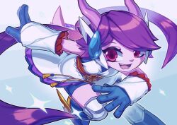 1girl blue_gloves boots colored_skin dragon_girl freedom_planet furry furry_female gloves horns japanese_clothes koi_drake long_hair open_mouth purple_hair purple_skin sash_lilac shorts smile solo tail teeth very_long_hair