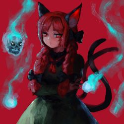 Rule 34 | 1girl, animal ear fluff, animal ears, black bow, blue fire, bow, braid, cat ears, cat tail, closed mouth, cowboy shot, crossed arms, dress, elidyss, expressionless, eyelashes, fire, flaming skull, floating skull, frills, green dress, hair bow, hair ribbon, highres, hitodama, juliet sleeves, kaenbyou rin, long hair, long sleeves, looking away, multiple tails, neck ribbon, nekomata, puffy sleeves, red background, red eyes, red hair, red ribbon, ribbon, slit pupils, solo, tail, touhou, tress ribbon, twin braids, twintails, two tails