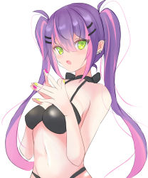 Rule 34 | 1girl, blush, breasts, commentary, english commentary, fingernails, green eyes, hair between eyes, hair ornament, hairclip, highres, hololive, liyaku, medium breasts, navel, open mouth, own hands together, purple hair, simple background, solo, swimsuit, tokoyami towa, twintails, virtual youtuber, white background