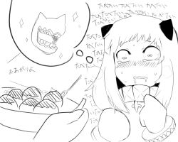 Rule 34 | 10s, 1girl, abyssal ship, blush, bowl, bracelet, comic, enemy aircraft (kancolle), food, gloves, greyscale, heavy breathing, horns, hungry, jewelry, kantai collection, long hair, monochrome, northern ocean princess, partially translated, saliva, sample fork, sketch, sparkle, sukueni, takoyaki, text focus, thought bubble, translation request, white hair