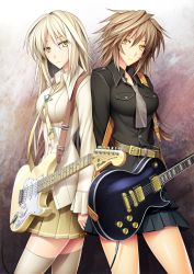 Rule 34 | 2girls, 440 (straight440), belt, blonde hair, breasts, brown hair, cable, electric guitar, fender (company), fender stratocaster, gibson les paul, guitar, instrument, long hair, medium breasts, multiple girls, necktie, original