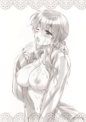 Rule 34 | 1girl, :p, breasts, bukkake, carnelian, collarbone, cum, cum on body, cum on breasts, cum on upper body, d:, facial, half-closed eyes, highres, large breasts, long sleeves, michika (carnelian), monochrome, nipples, open clothes, open mouth, open shirt, shirt, simple background, tongue, tongue out, twintails, upper body, white background