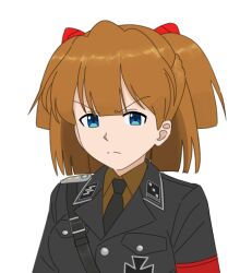 Rule 34 | 1girl, alternate hairstyle, armband, black cat03, black jacket, black necktie, blue eyes, brown shirt, collar tabs, highres, jacket, nazi, necktie, neon genesis evangelion, red armband, shirt, short hair, solo, souryuu asuka langley, ss insignia, two side up, upper body, v-shaped eyebrows, waffen-ss