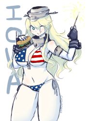 Rule 34 | 10s, 1girl, :q, american flag, american flag bikini, bikini, blonde hair, breasts, chinad011, fireworks, flag print, food, burger, iowa (kancolle), kantai collection, large breasts, pinky out, smile, sparkler, swimsuit, tongue, tongue out